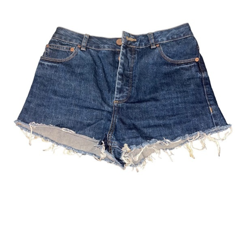 ASOS Denim High Waisted Button Fly Frayed Hem Jean Shorts Dark Wash US 6 #212